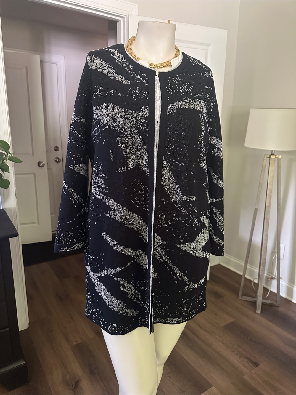Kasper Black & Silver Abstract-Print Longline Coat, Elegant cardigan ❤️